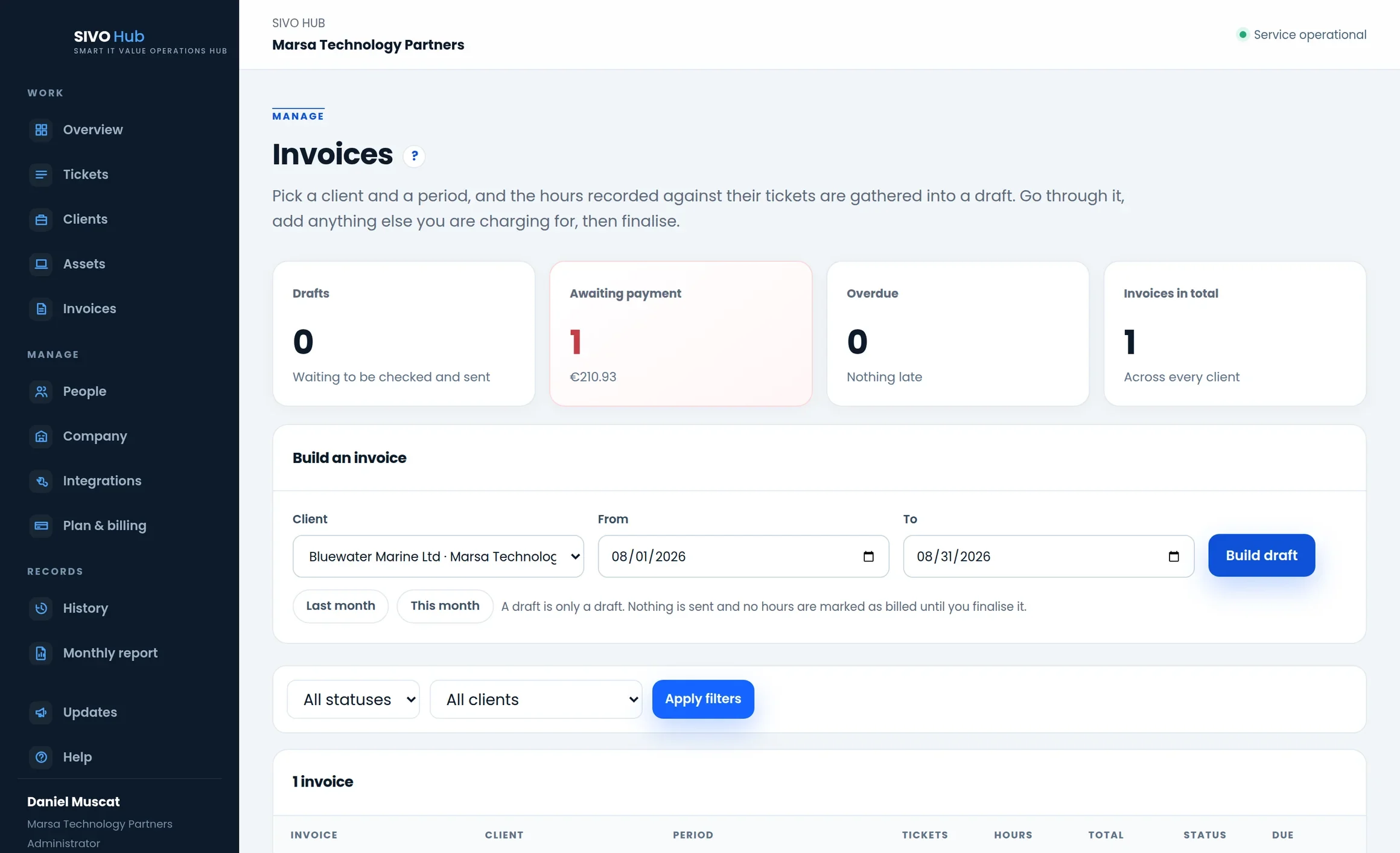 The invoice list and the builder that gathers a period's recorded hours into a draft