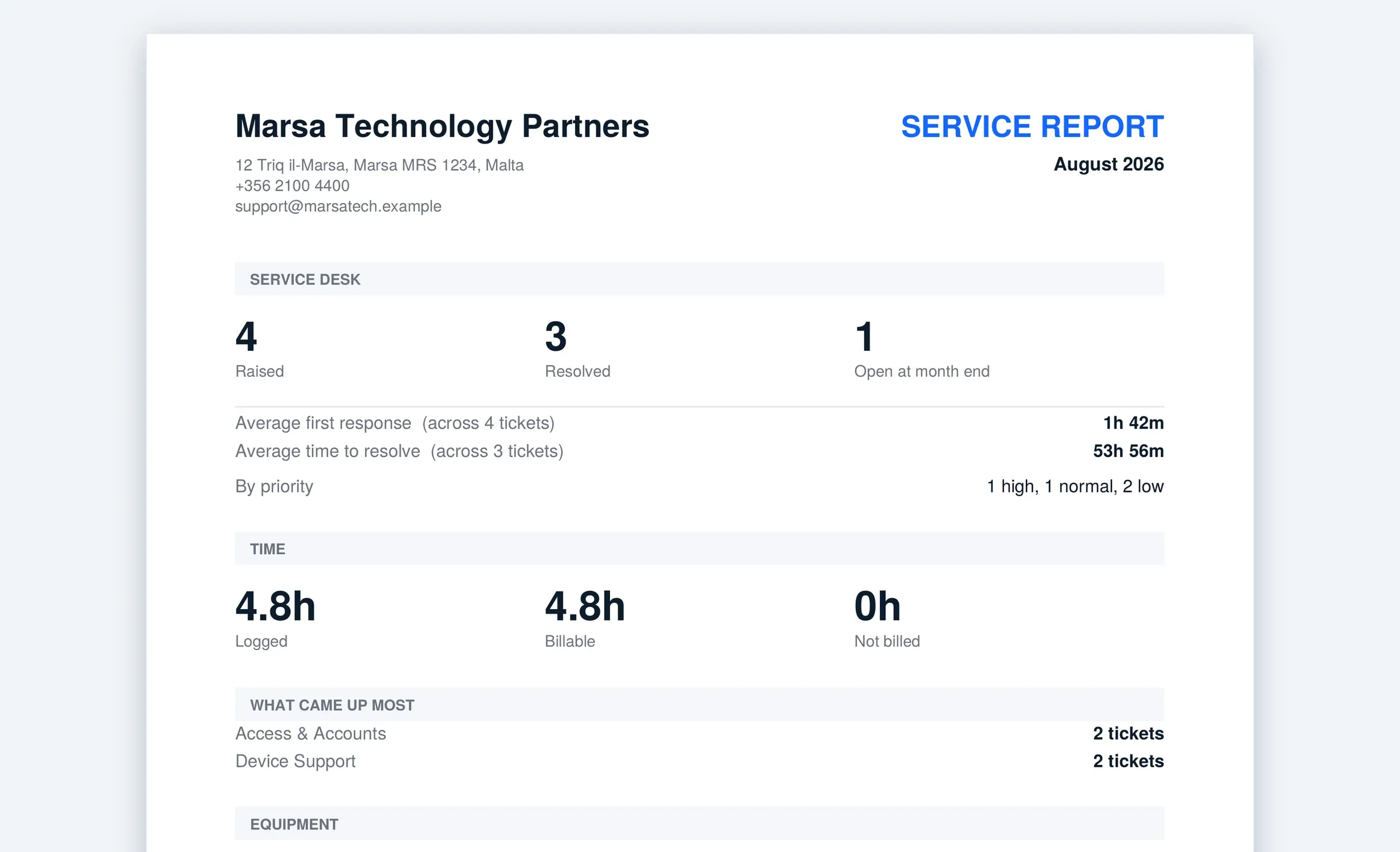 A one page monthly service report on the customer's own letterhead